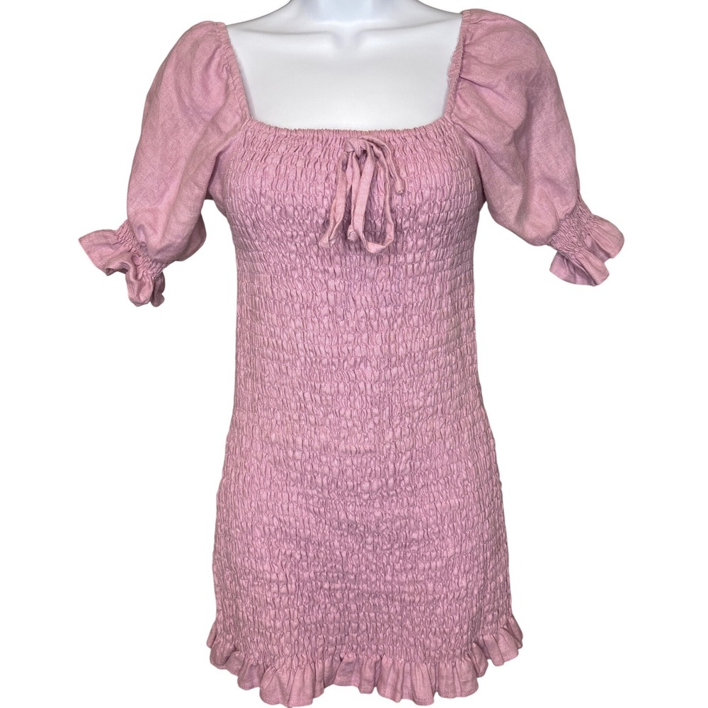 Faithfull The Brand Womens Pink Linen Mini Dress Sz XS Boho Romantic Puff Sleeve